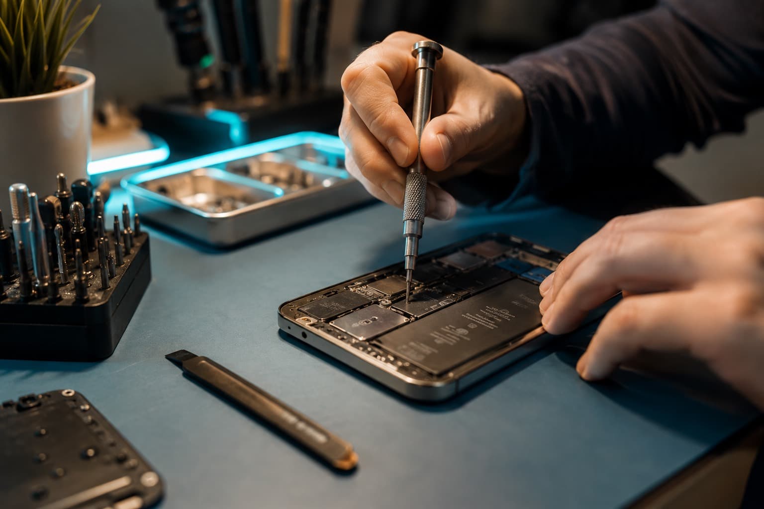 Opened phone with repair tools on the workbench