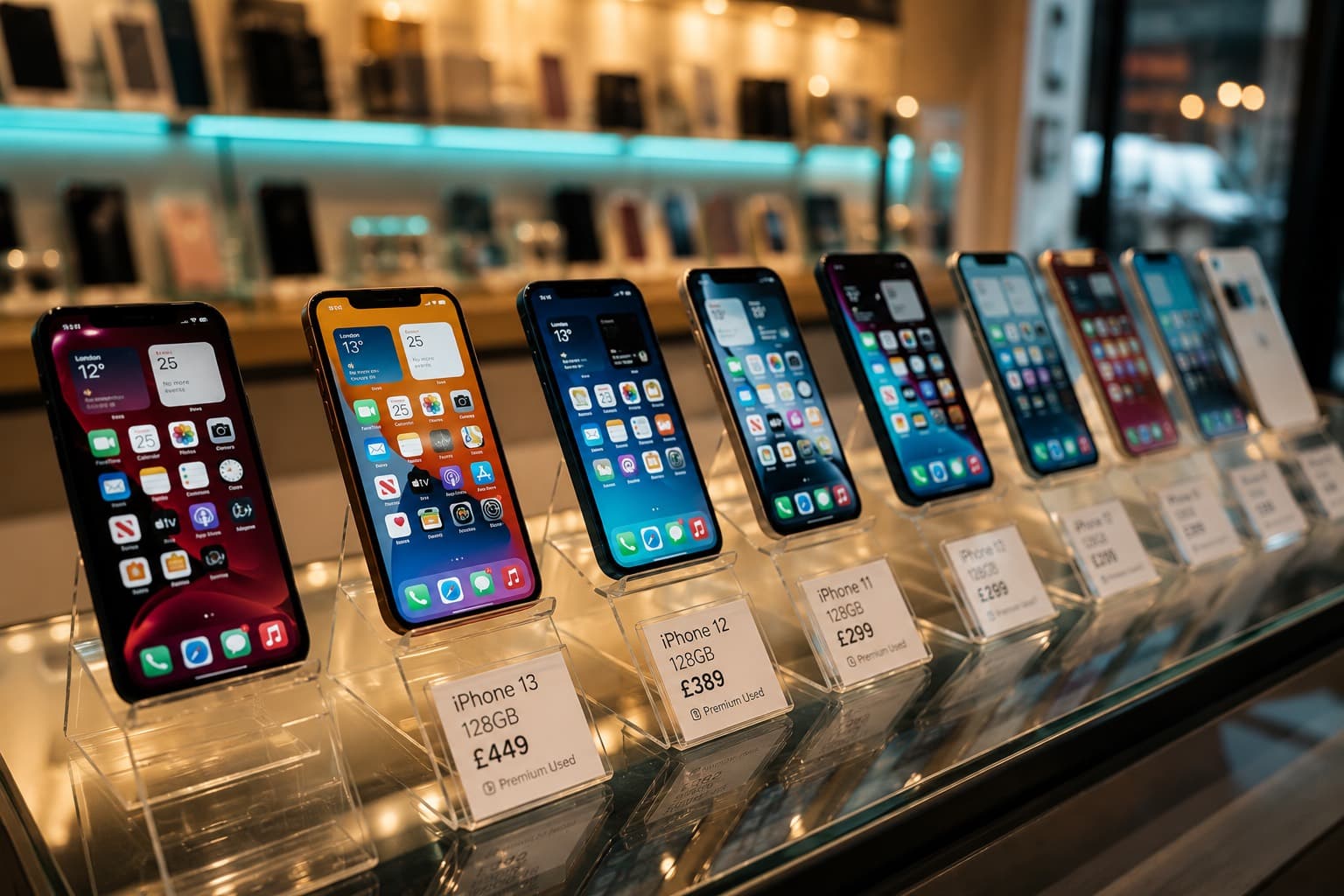 Second-hand phones on display